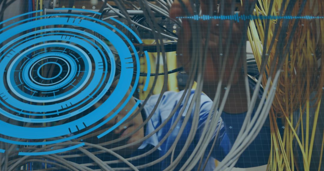 Technician Analyzing Data Cables with Digital Interface