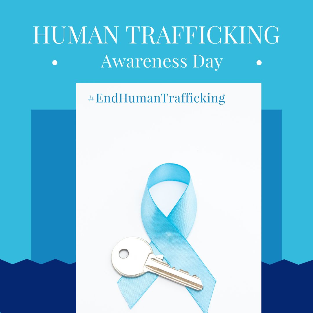 Human Trafficking Awareness with Blue Ribbon and Key Symbol