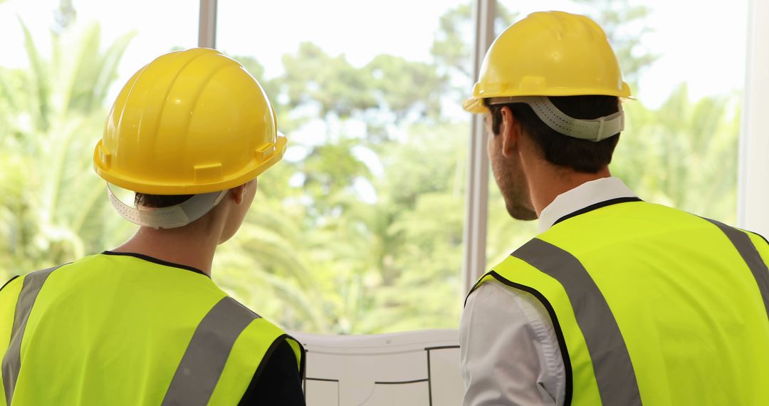 Construction Workers Reviewing Plans in Safety Vests - Free Images, Stock Photos and Pictures on Pikwizard.com