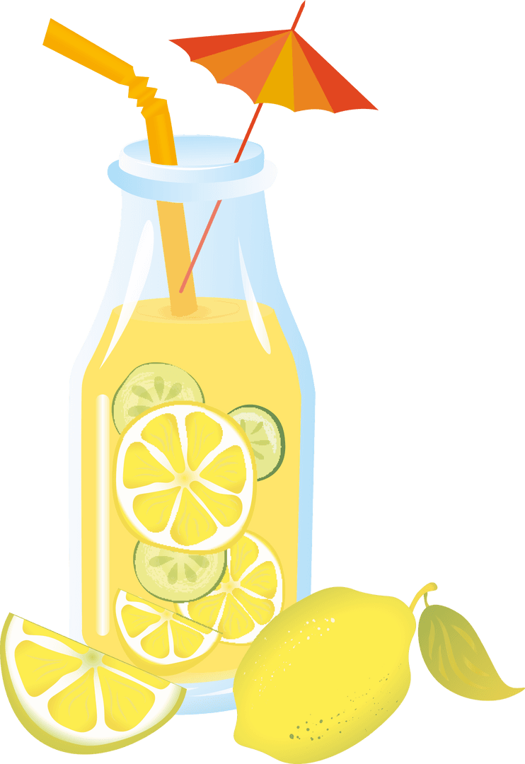 Transparent Lemonade Bottle with Straw and Umbrella Illustration