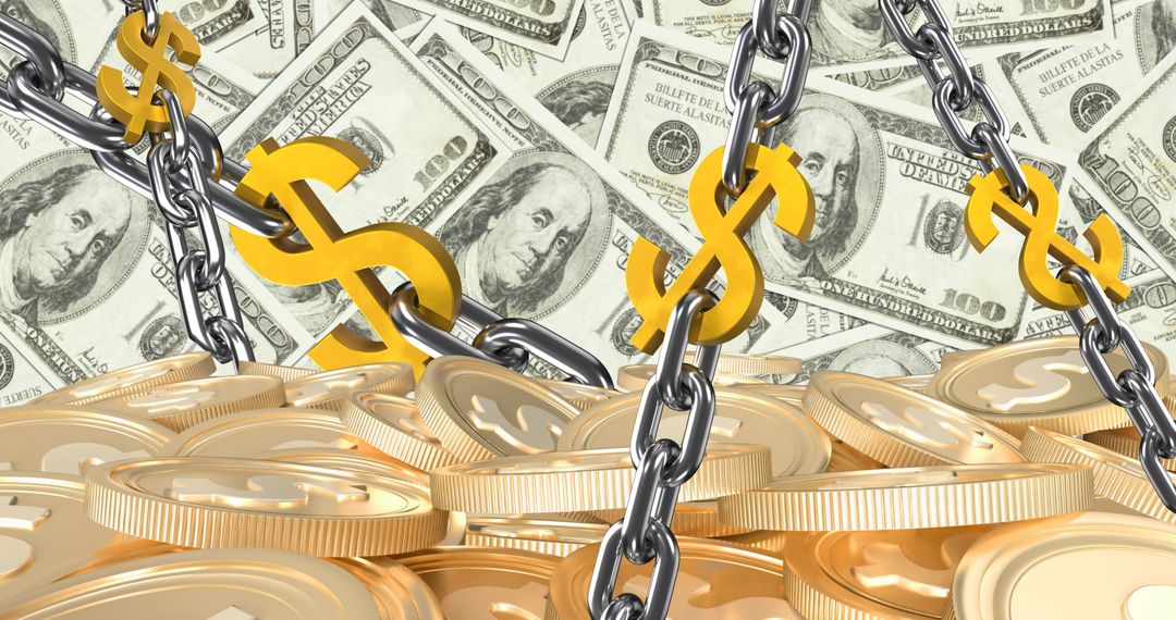 Chains entangling currency symbols with pile of gold coins and US dollar bills - Free Images, Stock Photos and Pictures on Pikwizard.com