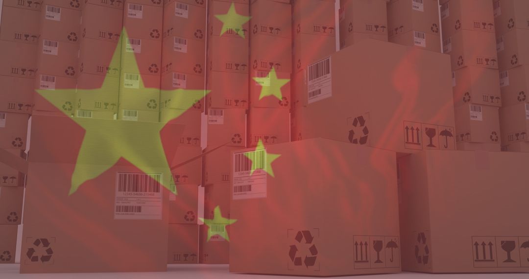 Chinese Flag Waves Over Cardboard Boxes in Warehouse for Global Shipping