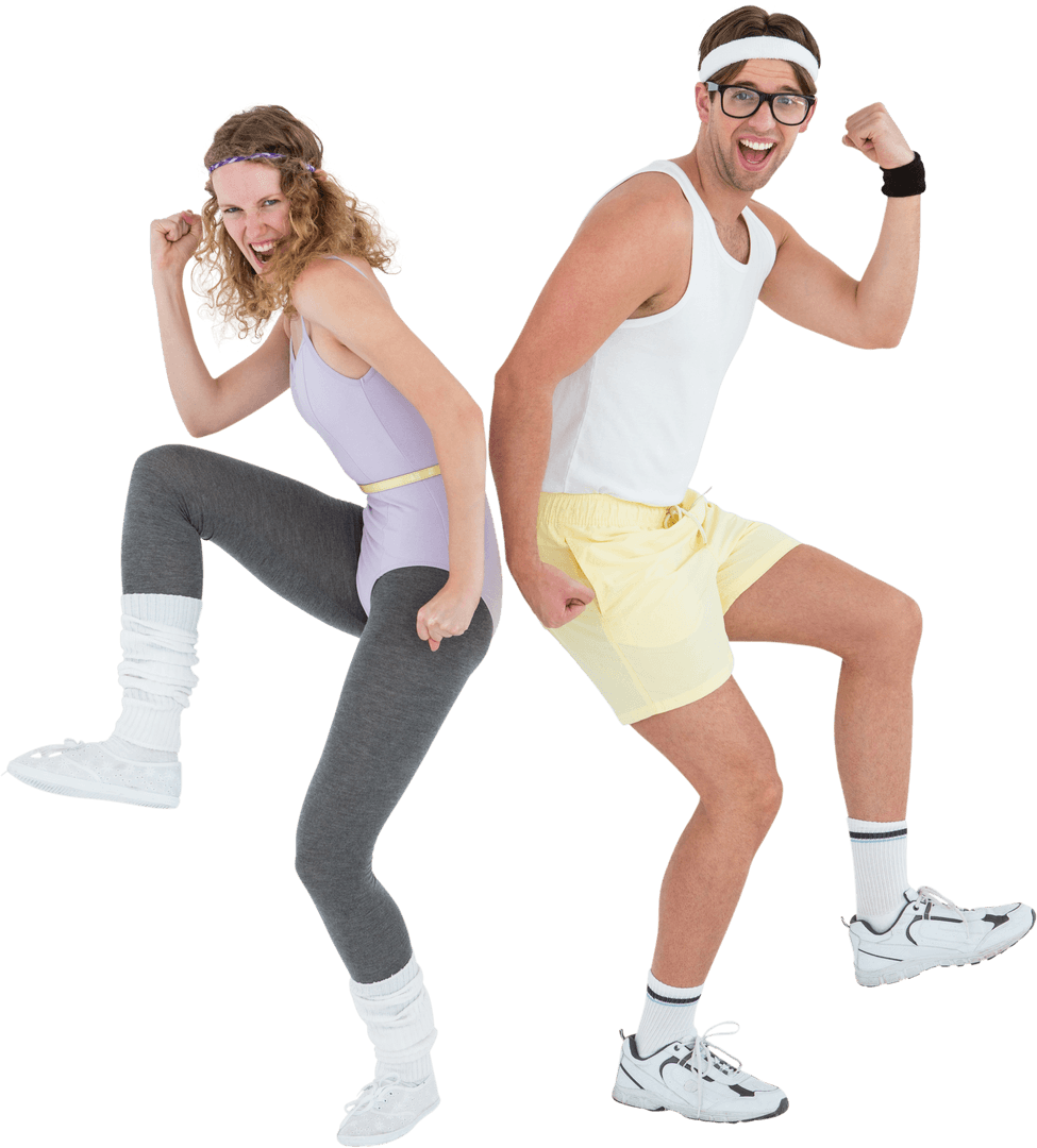 Energetic Hipster Duo in Retro Workout Costumes on Transparent Background