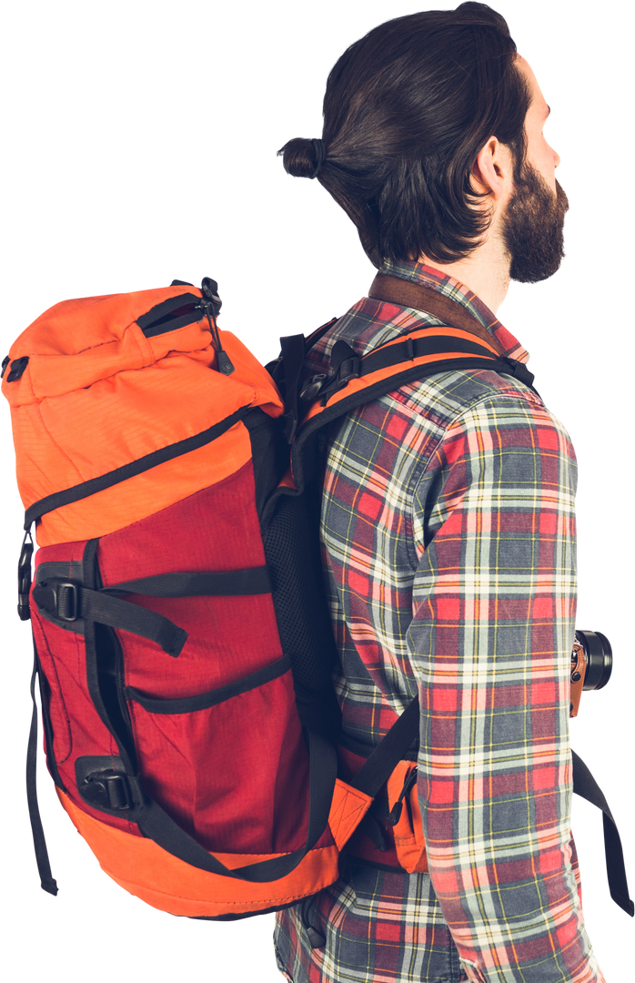 Transparent image of bearded hiker with red and orange backpack in profile view - Download Free Stock Images Pikwizard.com