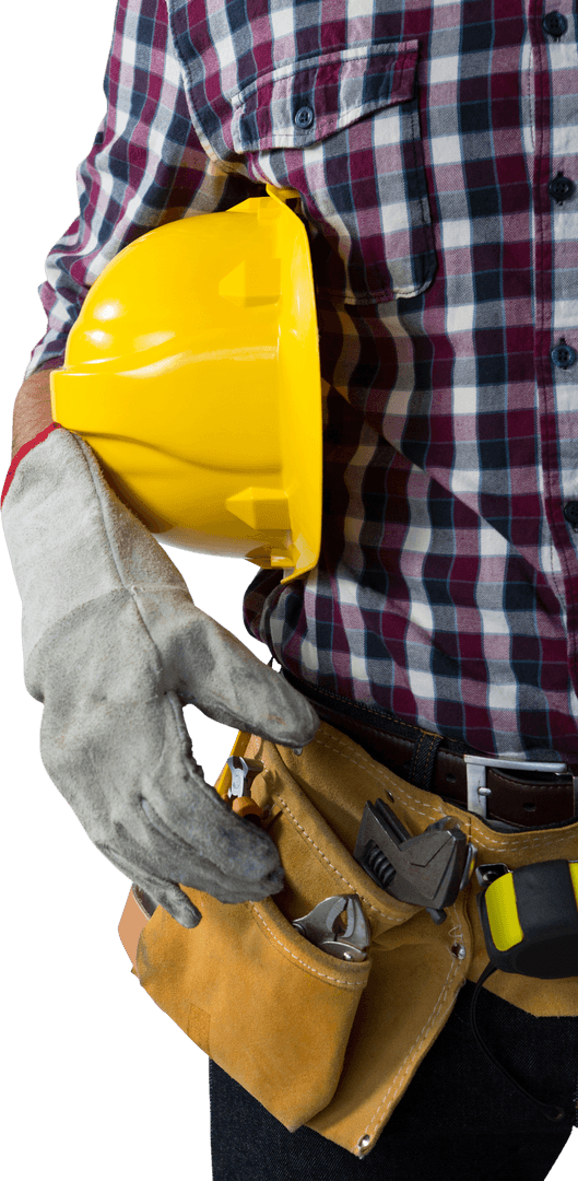 Construction Worker Holding Helmet on Transparent Background