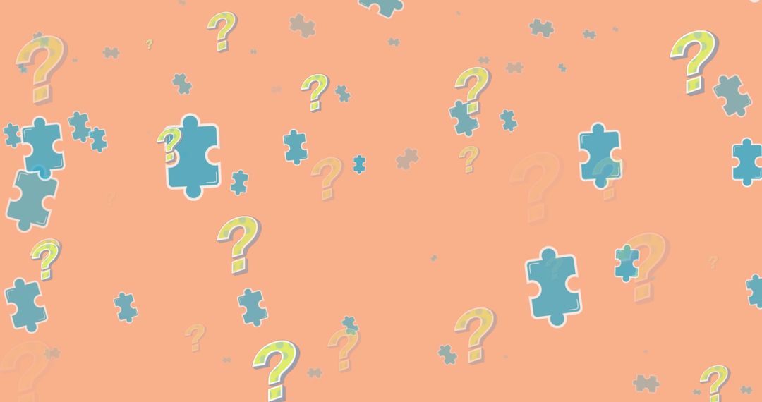 Colorful Puzzle Pieces and Question Marks on Orange Background