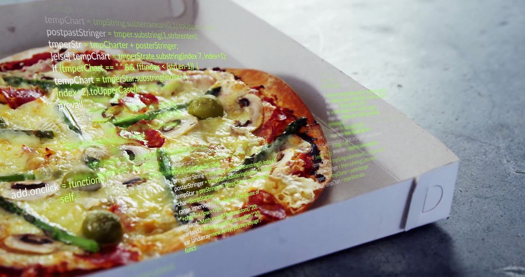 Gourmet Vegetarian Pizza with Digital Code Overlay Concept