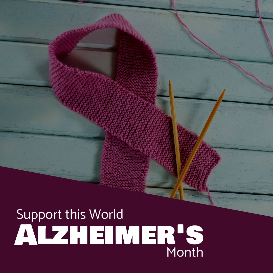 Knitting for Alzheimer's Awareness with Purple Yarn and Needles