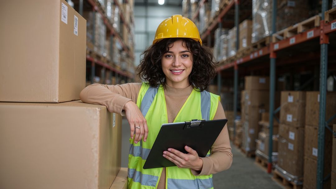 Smiling Warehouse Worker Checking Inventory With Clipboard