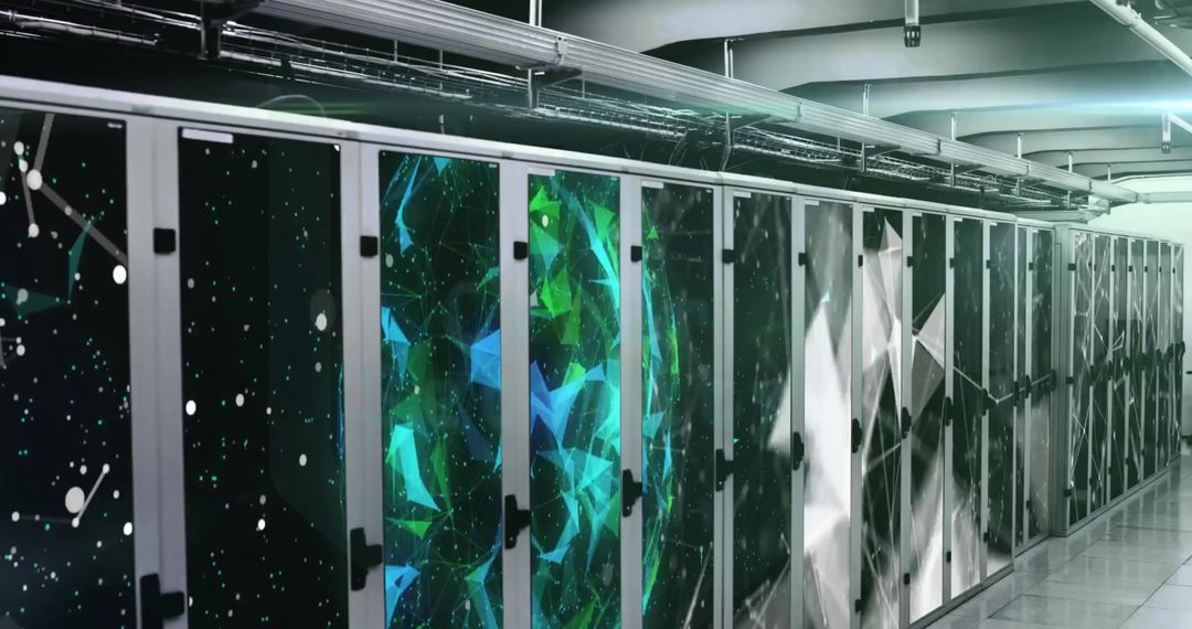 Futuristic Data Center with Cybersecurity Interface Elements