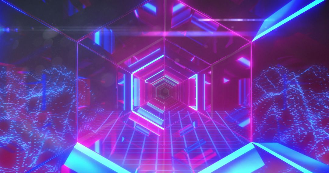 Futuristic Neon Passage with Blue Grid Floor and Hexagon Lights