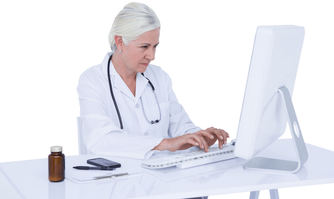 Transparent Professional Doctor Typing on Computer at Desk