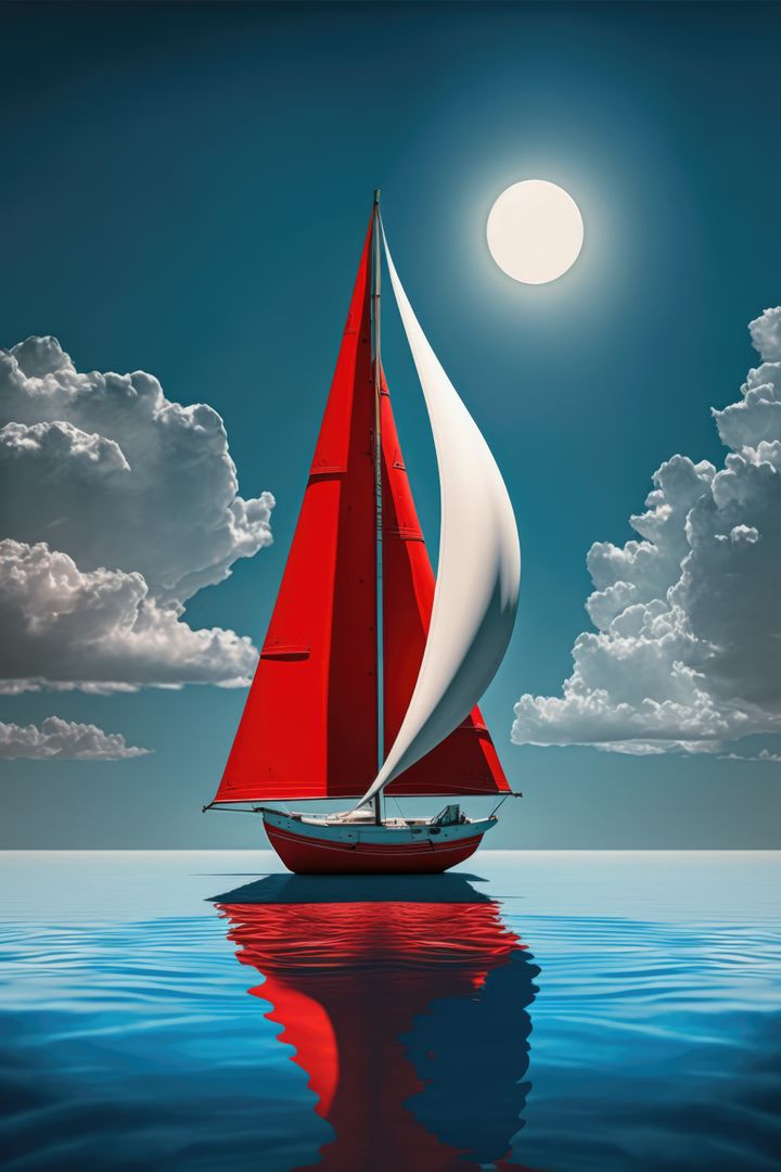 Image of red sailing boat on sea over sun and blue sky, created using generative ai technology - Free Images, Stock Photos and Pictures on Pikwizard.com