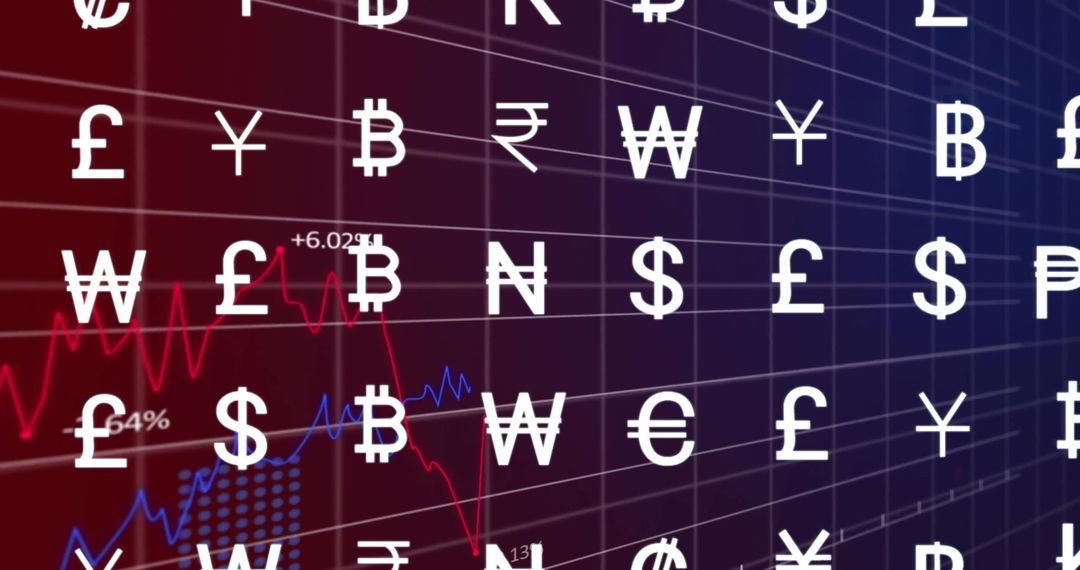Currency Symbols Over Digital Grid with Financial Graphs