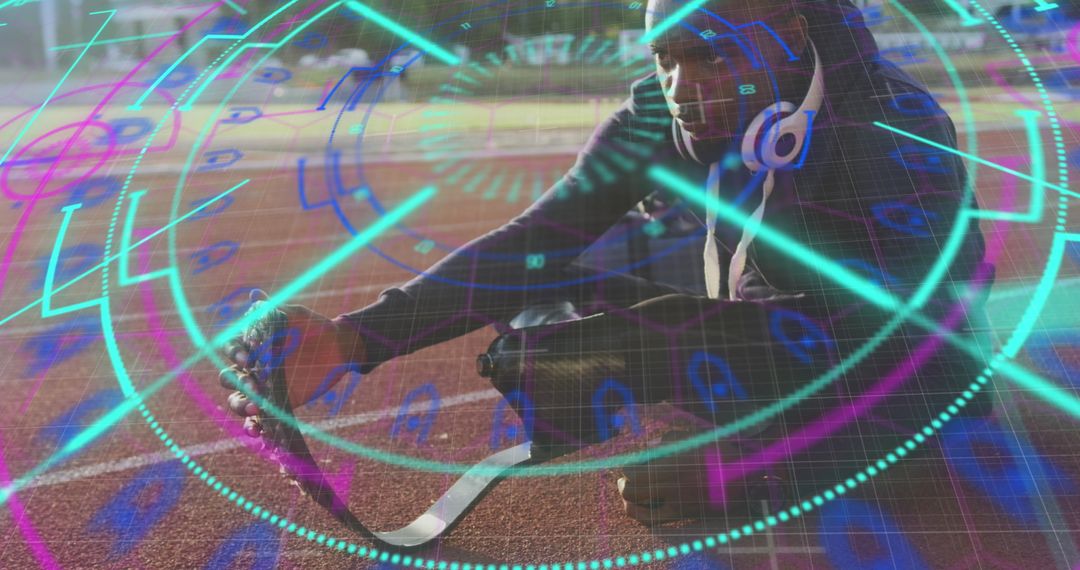 Disabled Male Athlete with Digital Data Overlay on Track