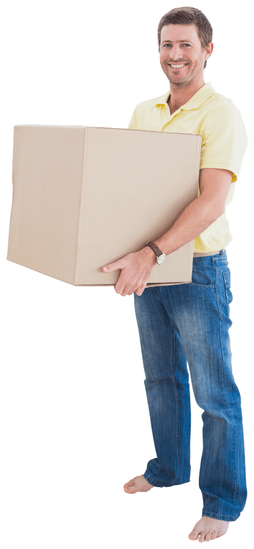 Smiling Man Holding Large Cardboard Box on Transparent Background