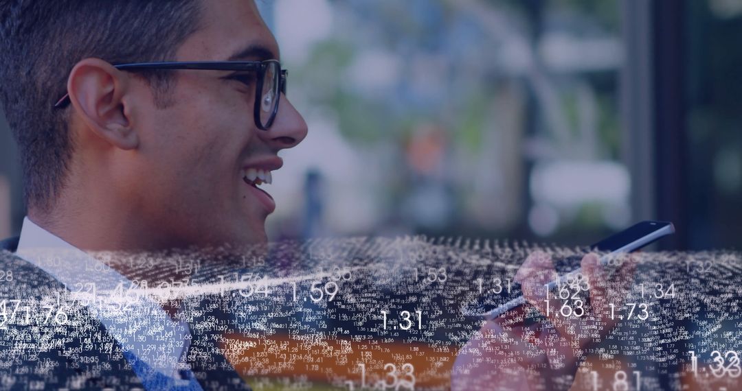 Businessman Engaging with Smartphone Amid Digital Interface