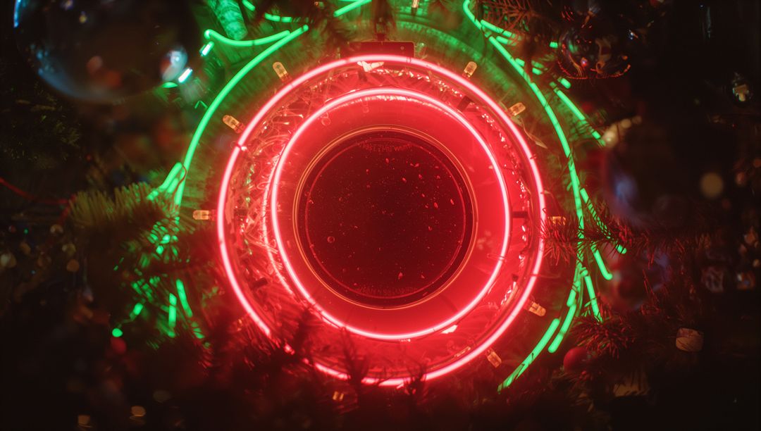 Festive Green and Red Neon Glow on Pine Tree Branches