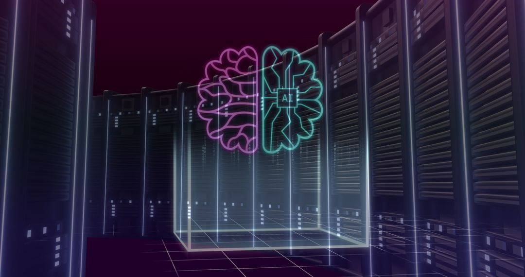 AI Brain Hologram Over Modern Data Servers