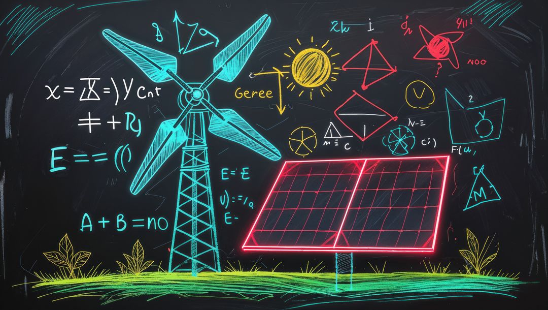 Neon Wind Turbine and Solar Panels Illustration on Chalkboard