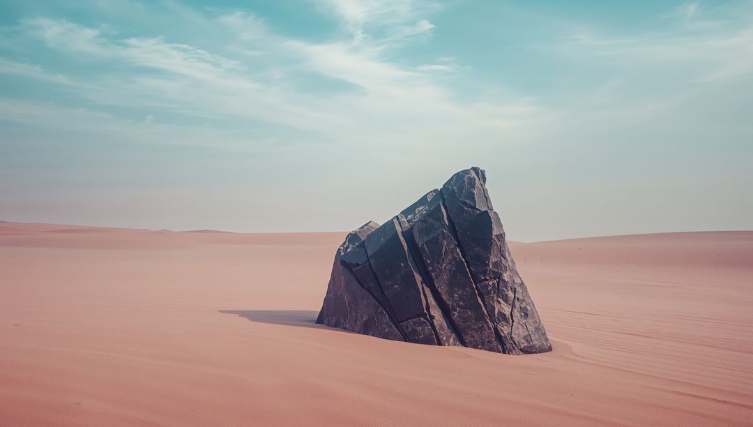 Angular Rock Formation in Expansive Desert Under Pale Sky