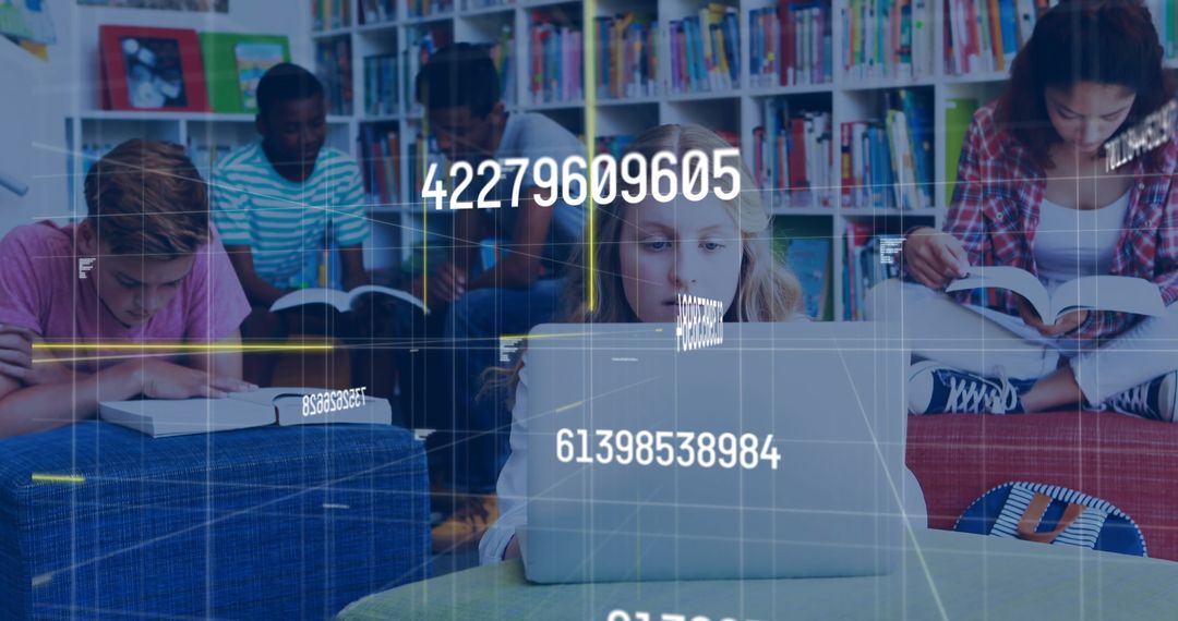 Diverse Students Studying with Technology in Library