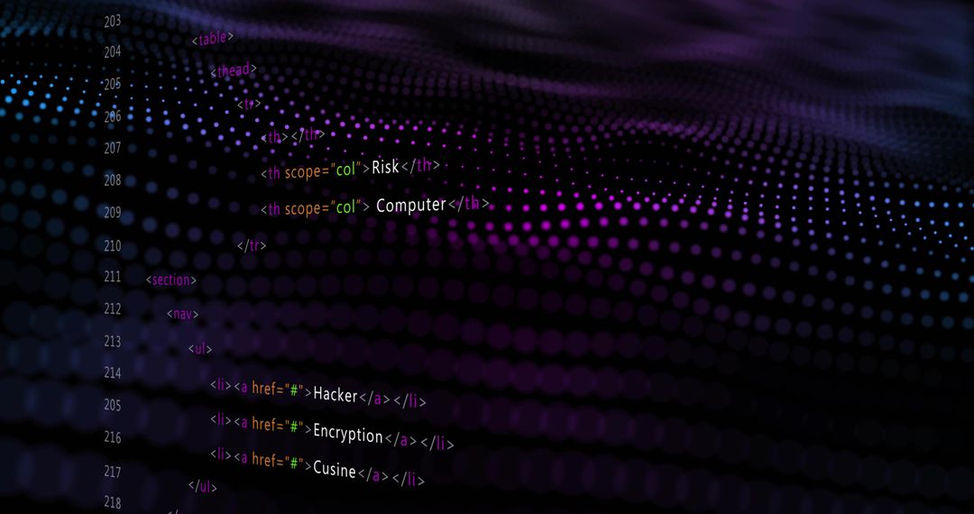 Neon Code Waves Displaying HTML Lines Over Dot-Matrix Gradient for Cybersecurity Concept