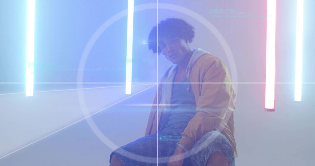 Man in Neon-Lit Studio with Grid Overlay in Modern Urban Setting