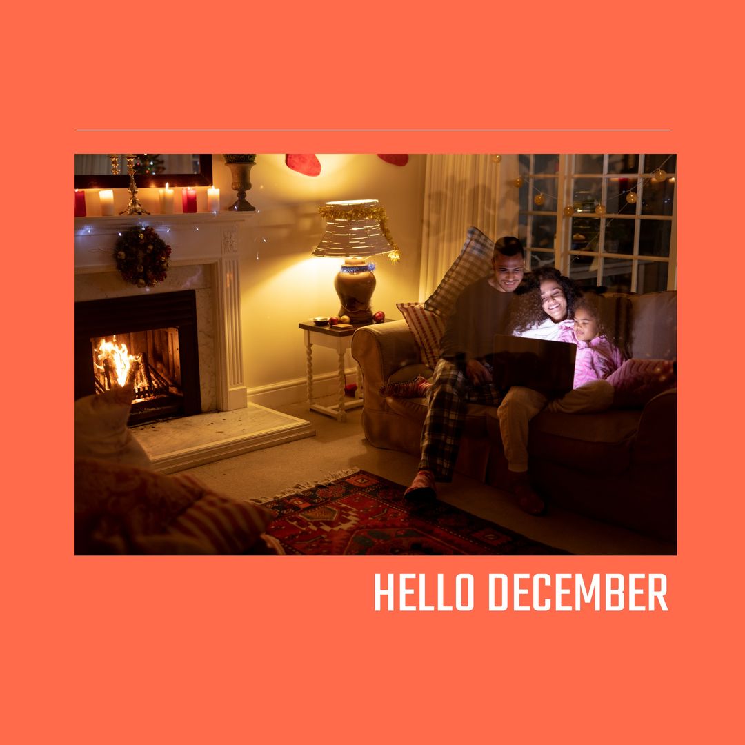 Composition of hello december text over biracial family at christmas - Download Free Stock Templates Pikwizard.com