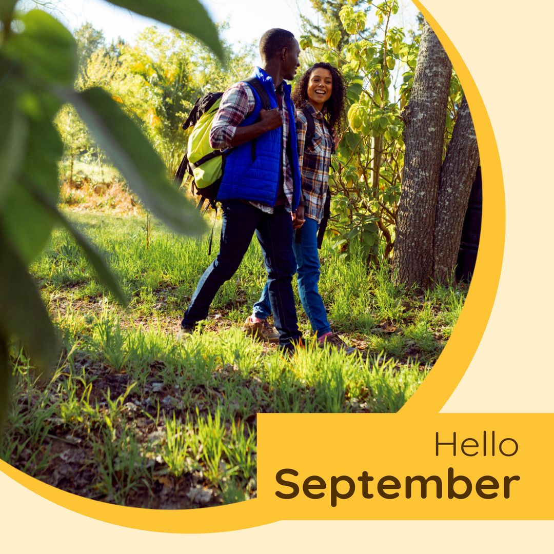 Couple Enjoying Stroll in Nature with Hello September Message