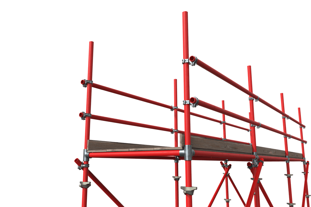 Red Scaffolding with Wooden Planks in Transparent Visual