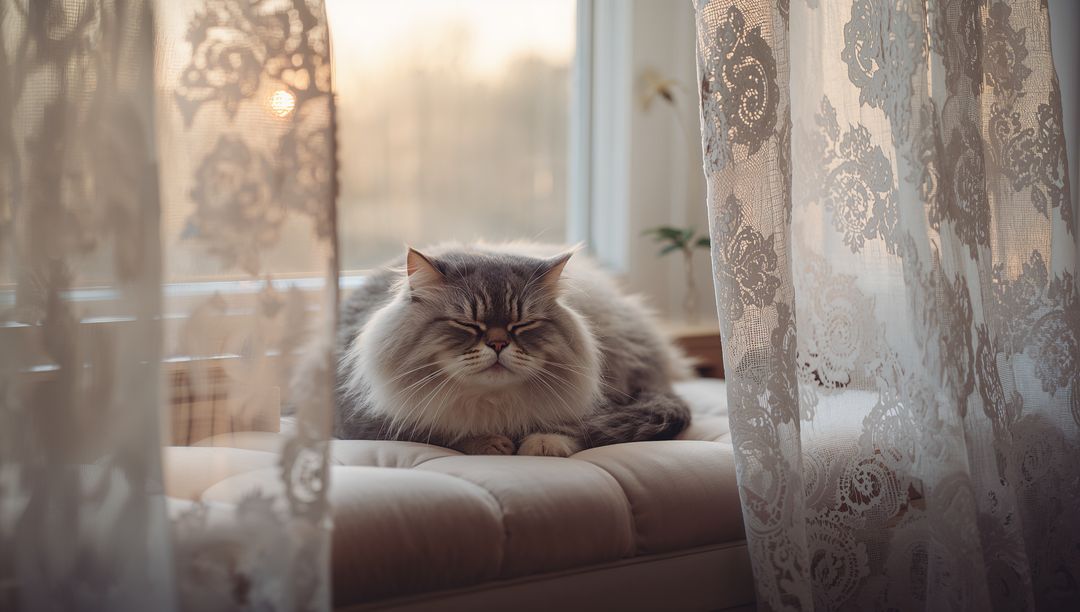 Serene long-haired gray tabby loafing on tufted window bench with lace curtains