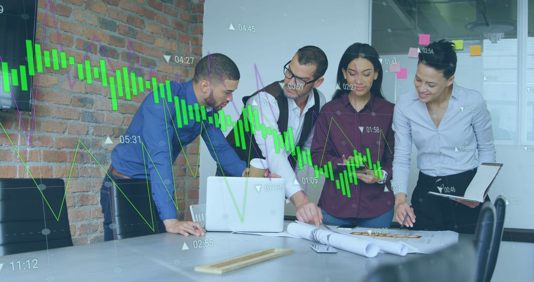 Diverse Team Analyzing Financial Data with Mixed Reality Elements