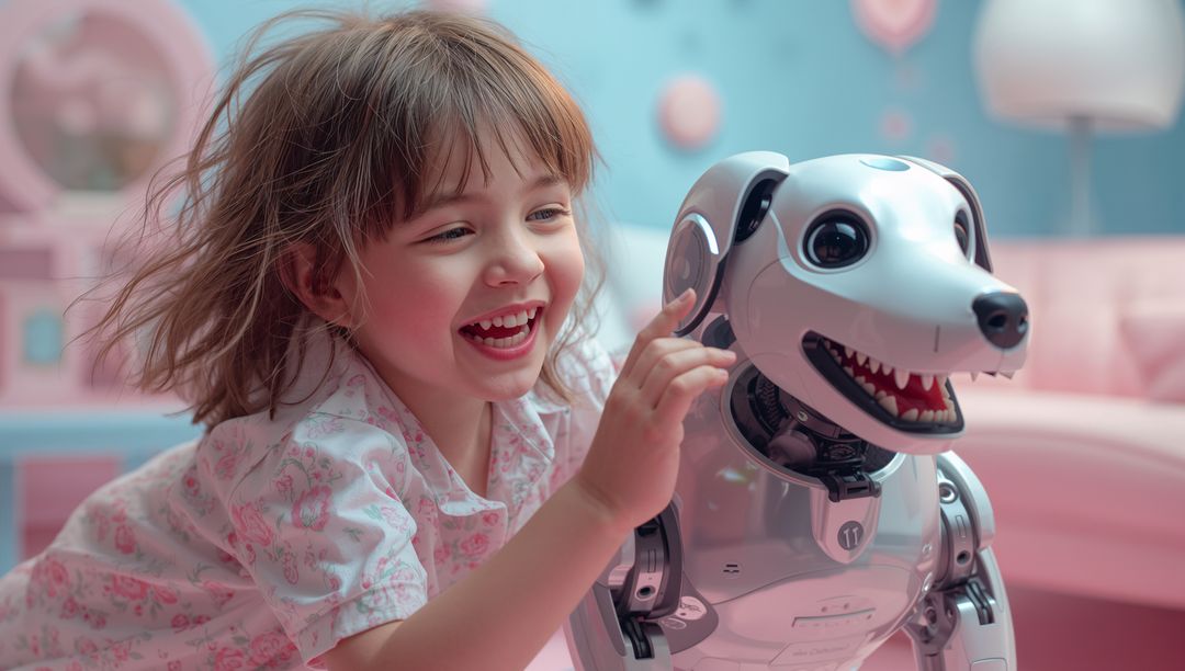 Joyful Child Laughing with Interactive Robotic Dog in Playful Room