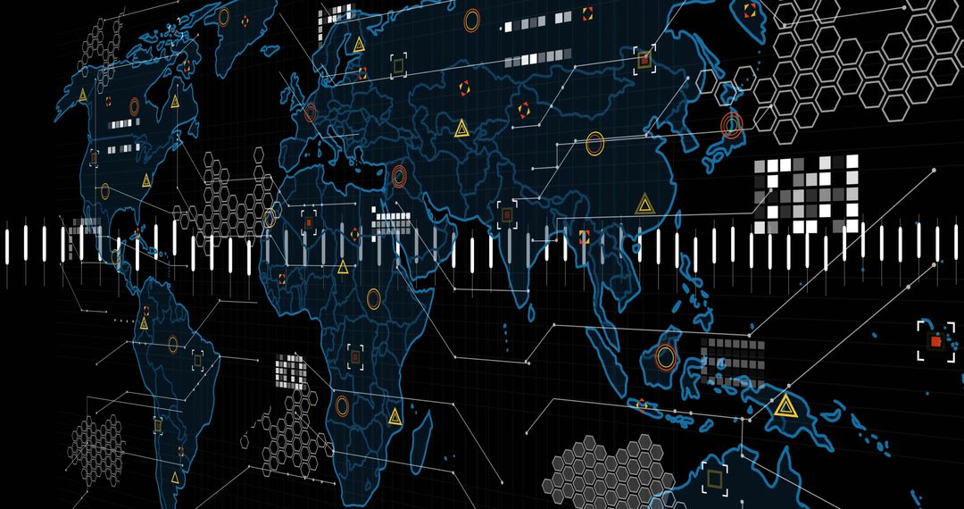 Futuristic World Map Interface with Tech Overlays