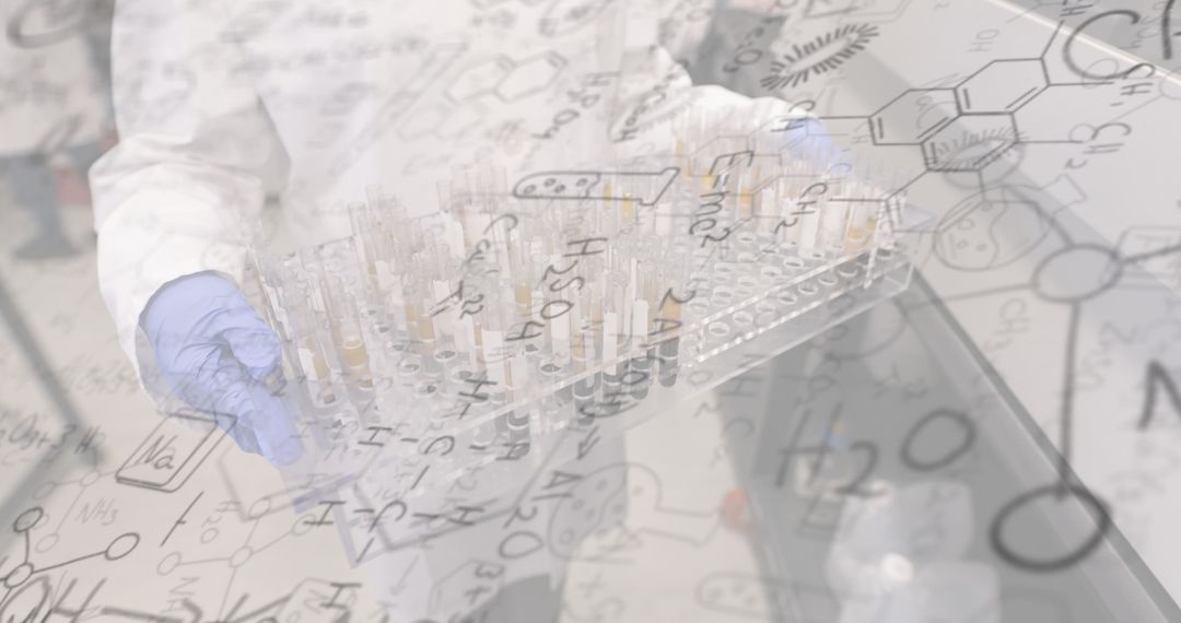 Scientist Handling Test Tubes in Lab with Chemical Formula Overlay