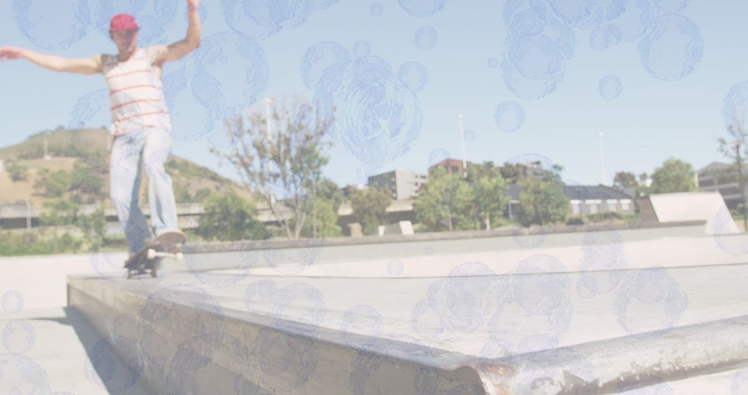 Caucasian Man Skateboarding with Bubble Overlay in Skate Park