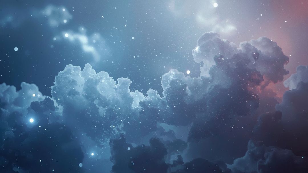 Surreal Cloudscape with Luminous Particles in Night Sky