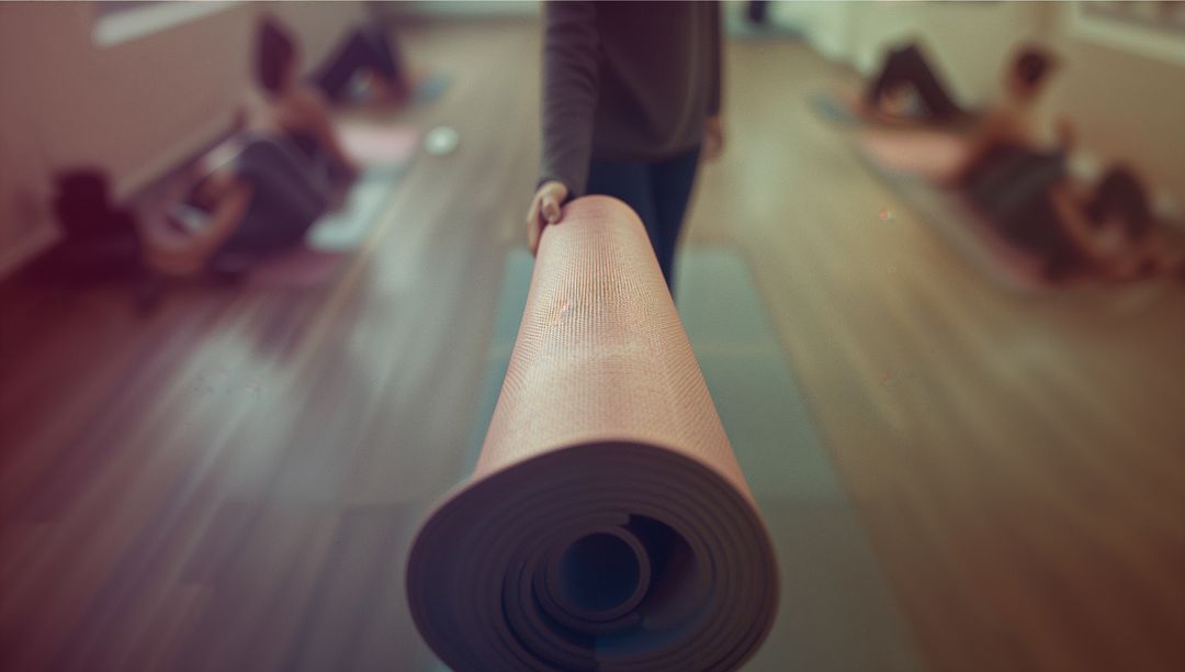 Instructor Presenting Rolled Yoga Mat in Fitness Studio