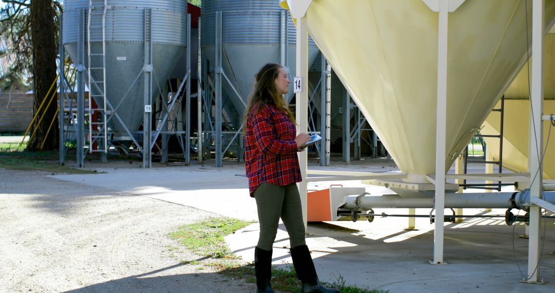 Woman Inspecting Industrial Storage Tanks at Agricultural Facility - Free Images, Stock Photos and Pictures on Pikwizard.com