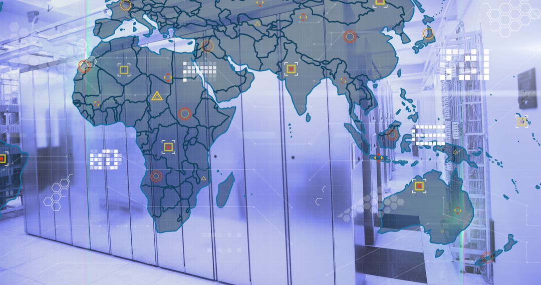 World Map Projection over Server Racks in Data Center