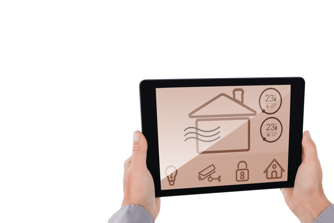 Hands Holding Transparent Tablet with Home Automation Display