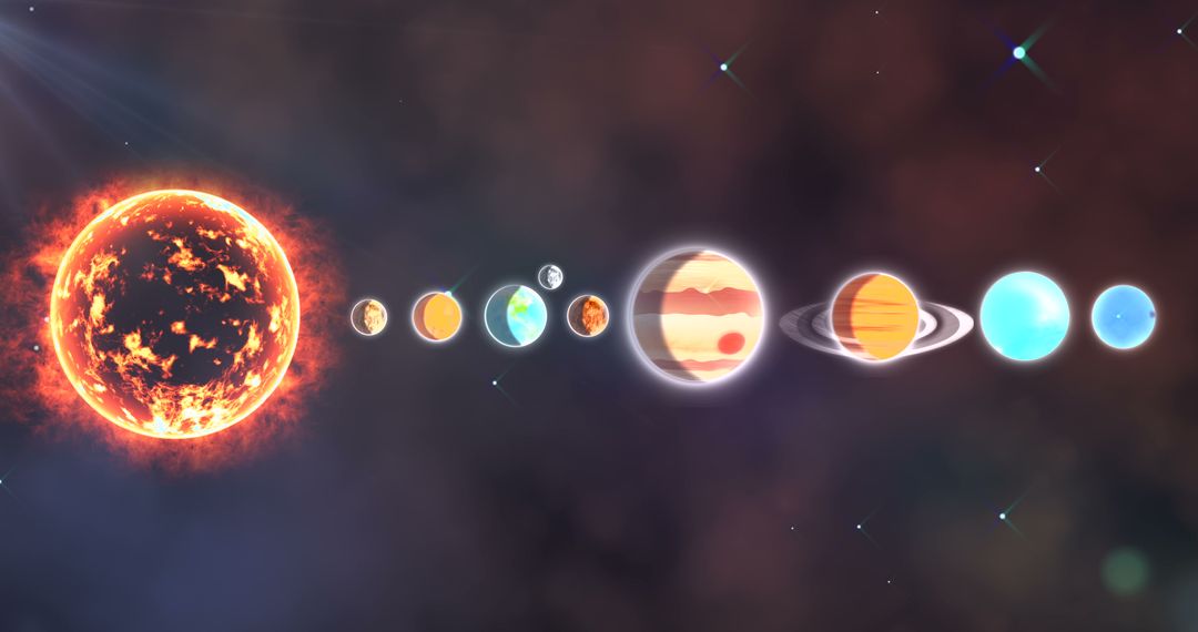 Illustrated Solar System with Lined Planets and Glowing Sun
