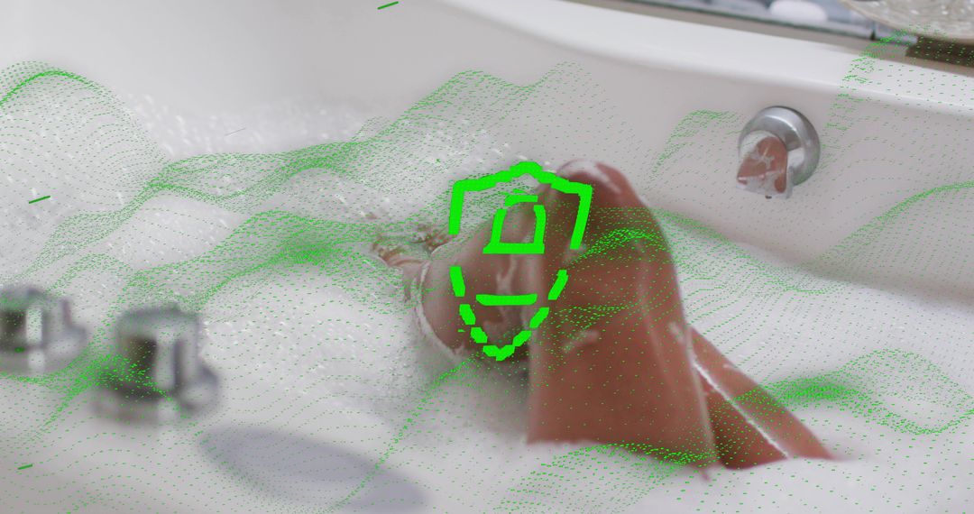 Reclining Woman Soaking in Foam Bath with Green Digital Shield Overlay for Wellness