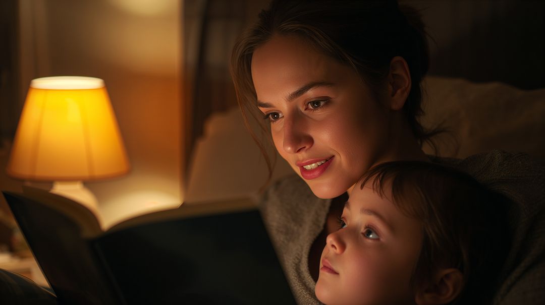 Reading Bedtime Story: Mother and Daughter Cuddling on Bed Under Warm Lamp Light