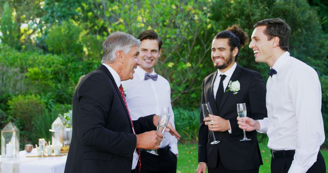 Laughing groomsmen and older man in garden with champagne - Free Images, Stock Photos and Pictures on Pikwizard.com