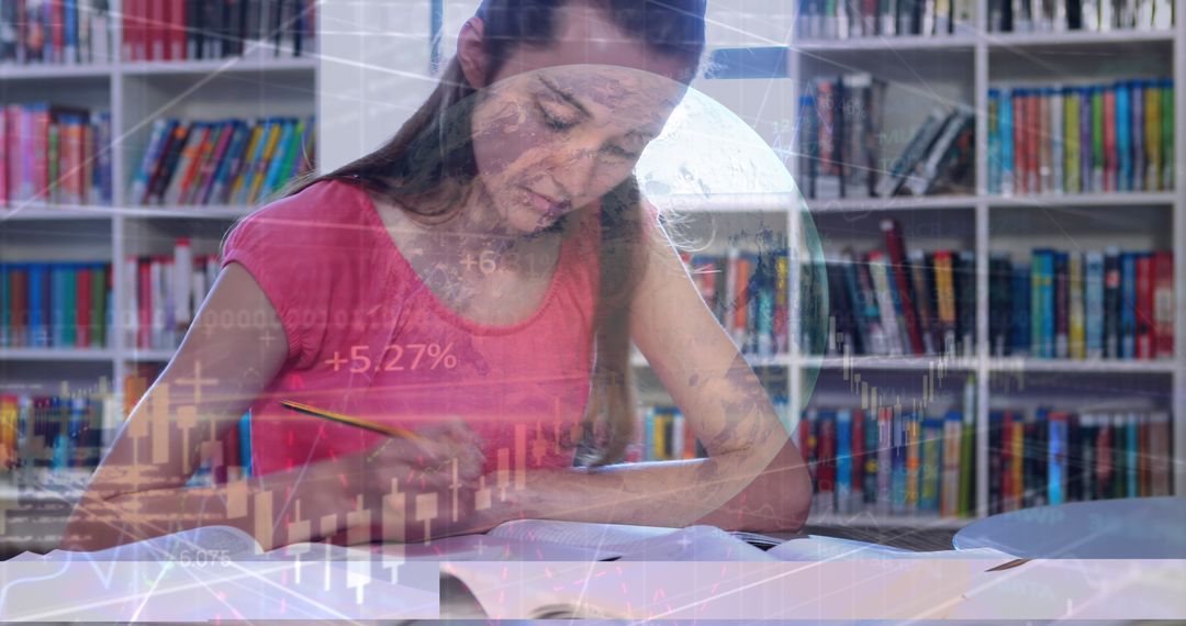 Caucasian Girl Studying with World and Data Overlay in Library