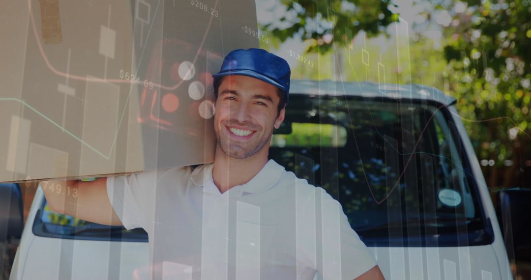 Smiling Courier with Package and Financial Data Overlay