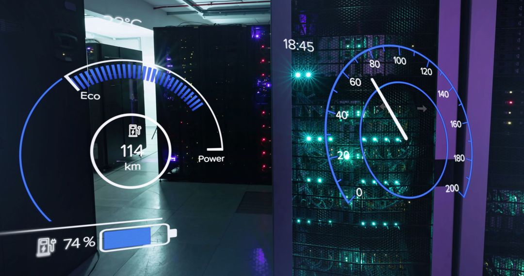 Electric Car Dashboard Over Digital Server Room