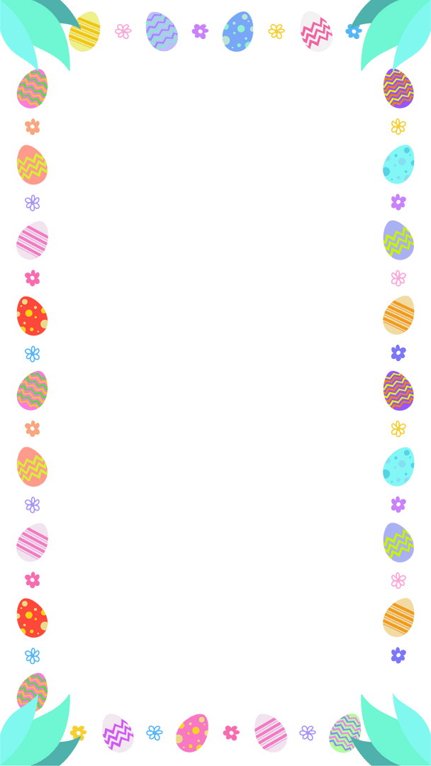Colorful Easter Egg and Flowers Border on Transparent Background